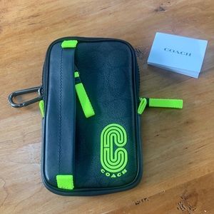Coach small hybrid pouch black w neon yellow